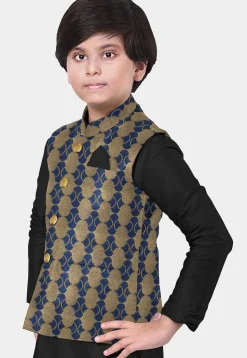 Woven Art Silk Kurta Set in Black