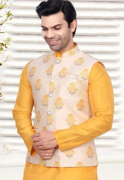 Woven Art Silk Kurta Set in Yellow and Light Beige