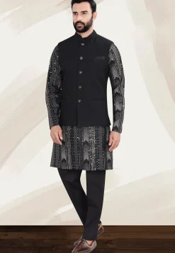 Woven Art Silk Kurta Set in Black