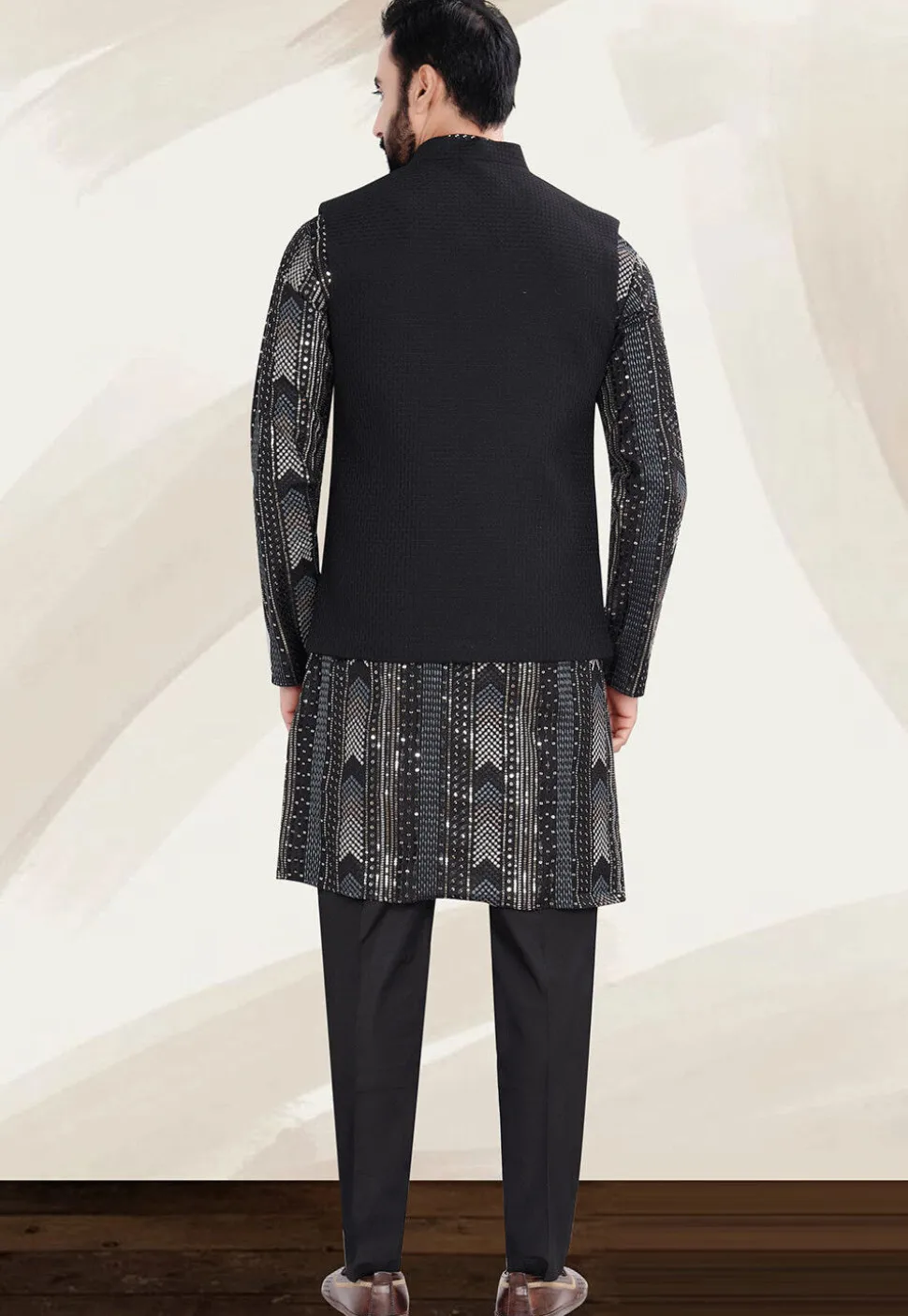 Woven Art Silk Kurta Set in Black
