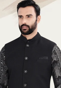 Woven Art Silk Kurta Set in Black