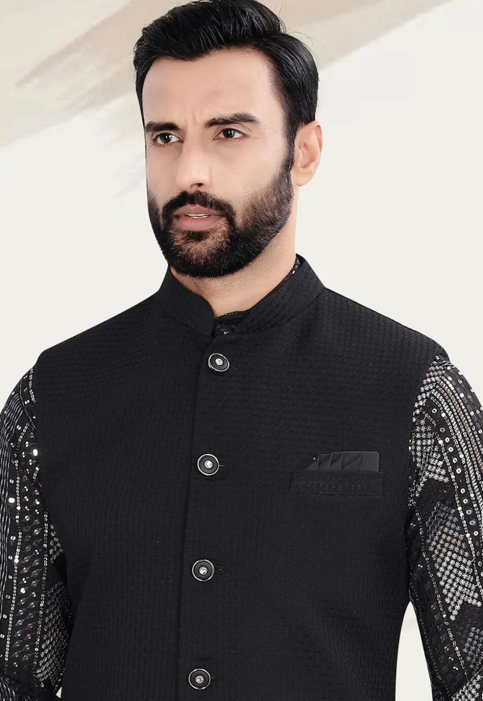 Woven Art Silk Kurta Set in Black