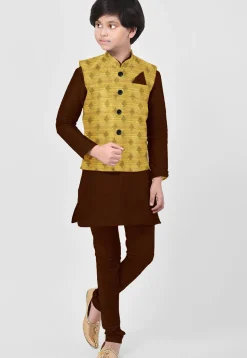 Woven Art Silk Kurta Set in Brown