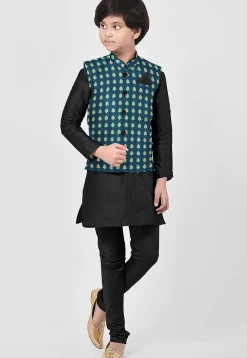Woven Art Silk Kurta Set in Black