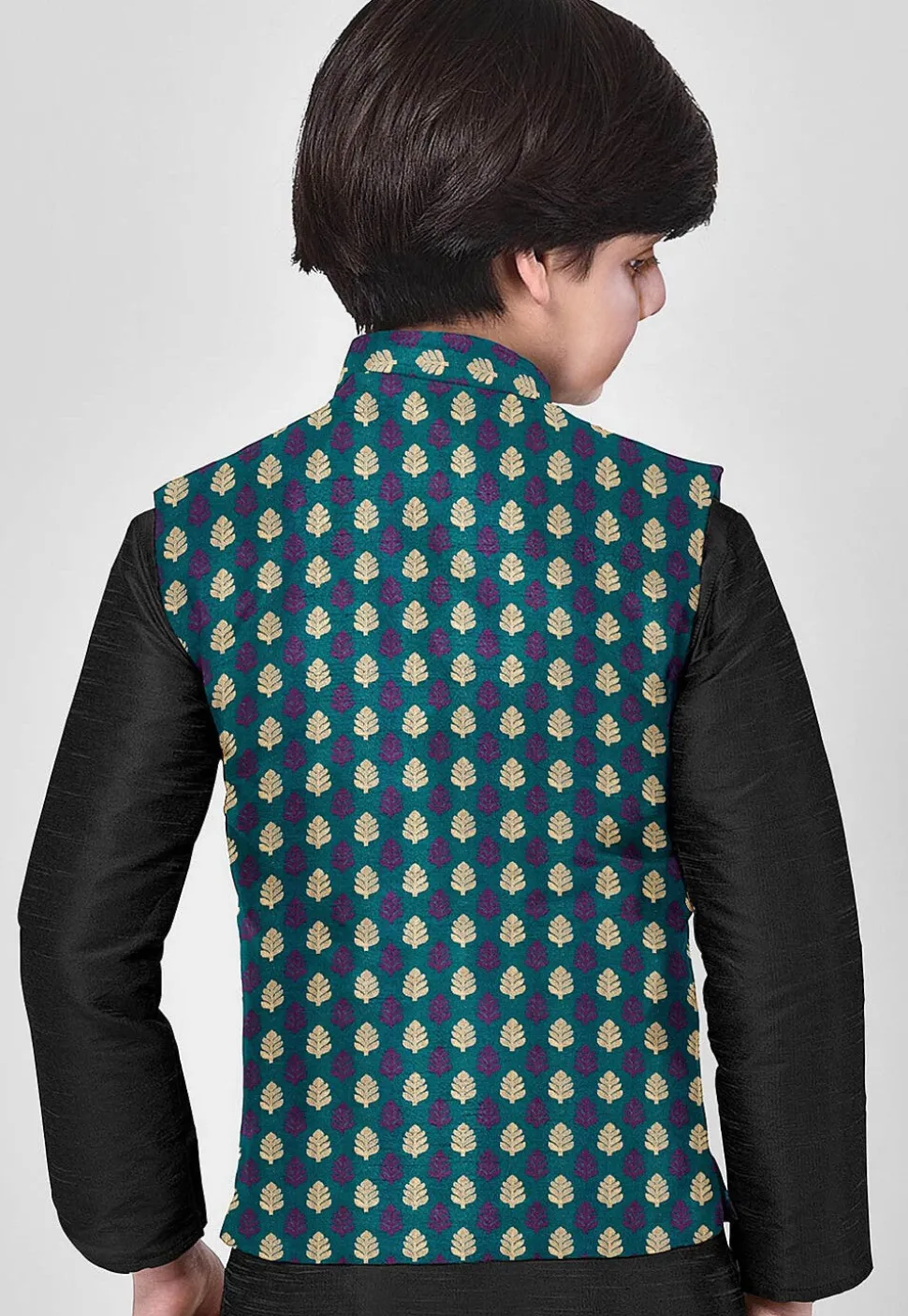 Woven Art Silk Kurta Set in Black