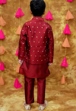 Woven Art Silk Kurta Set in Maroon