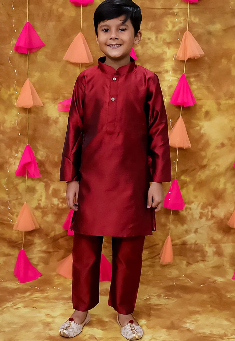 Woven Art Silk Kurta Set in Maroon