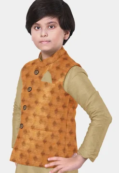 Woven Art Silk Kurta Set in Beige
