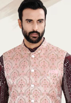 Woven Art Silk Kurta Set in Maroon and Peach