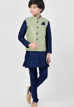Woven Art Silk Kurta Set in Navy Blue and Pastel Blue