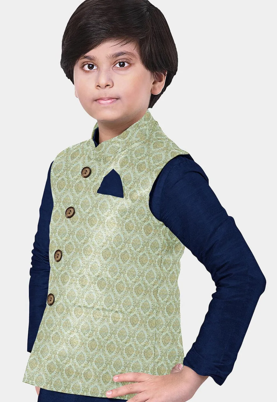 Woven Art Silk Kurta Set in Navy Blue and Pastel Blue