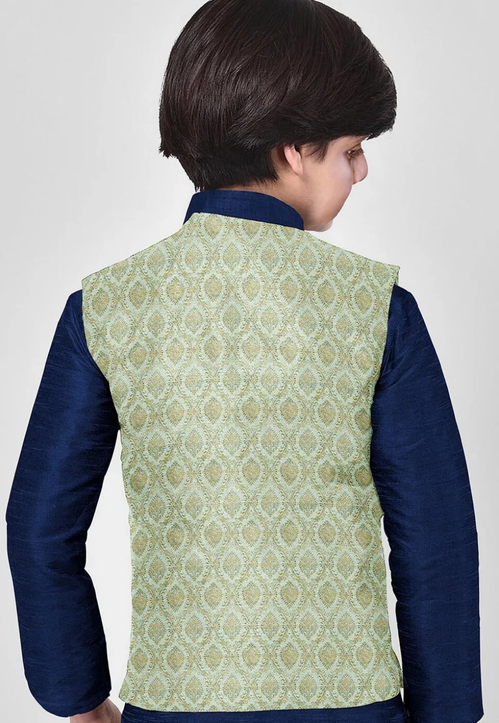 Woven Art Silk Kurta Set in Navy Blue and Pastel Blue