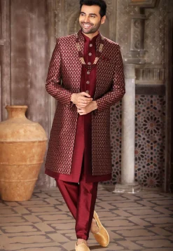 Woven Art Silk Layered Sherwani in Maroon