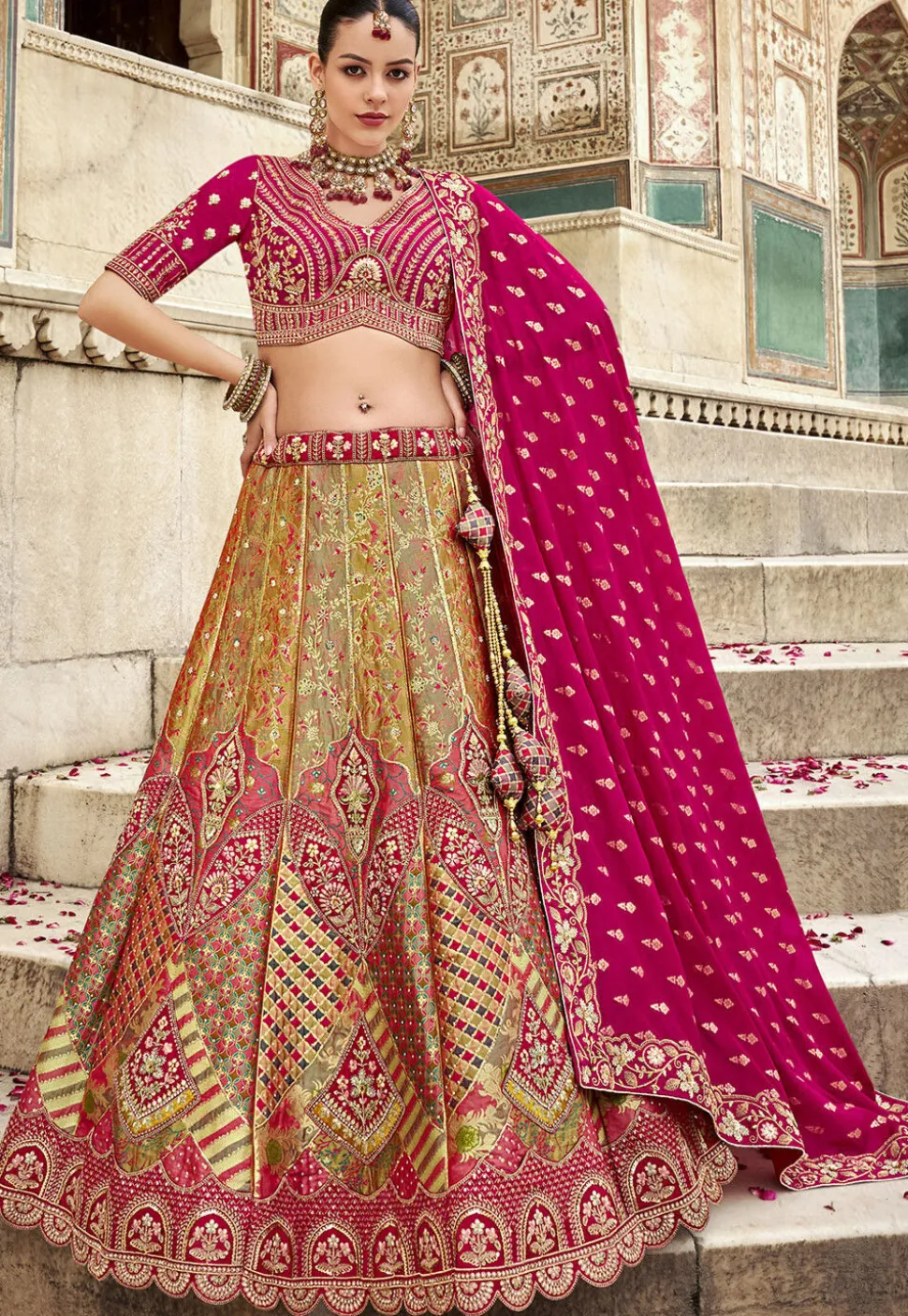 Woven Art Silk Lehenga in Multicolor