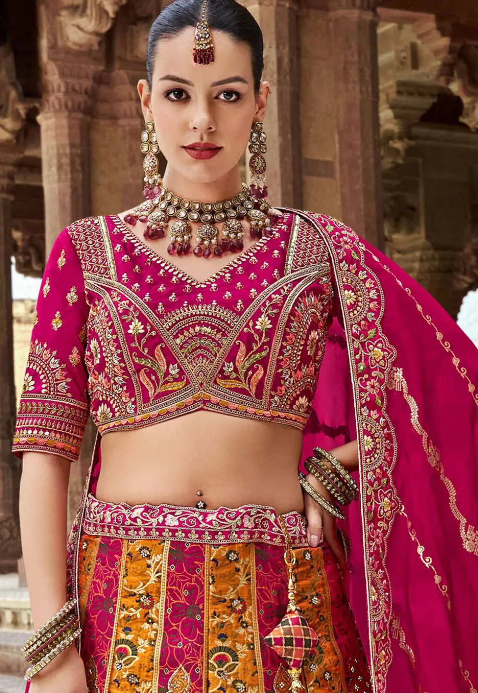 Woven Art Silk Lehenga in Multicolor