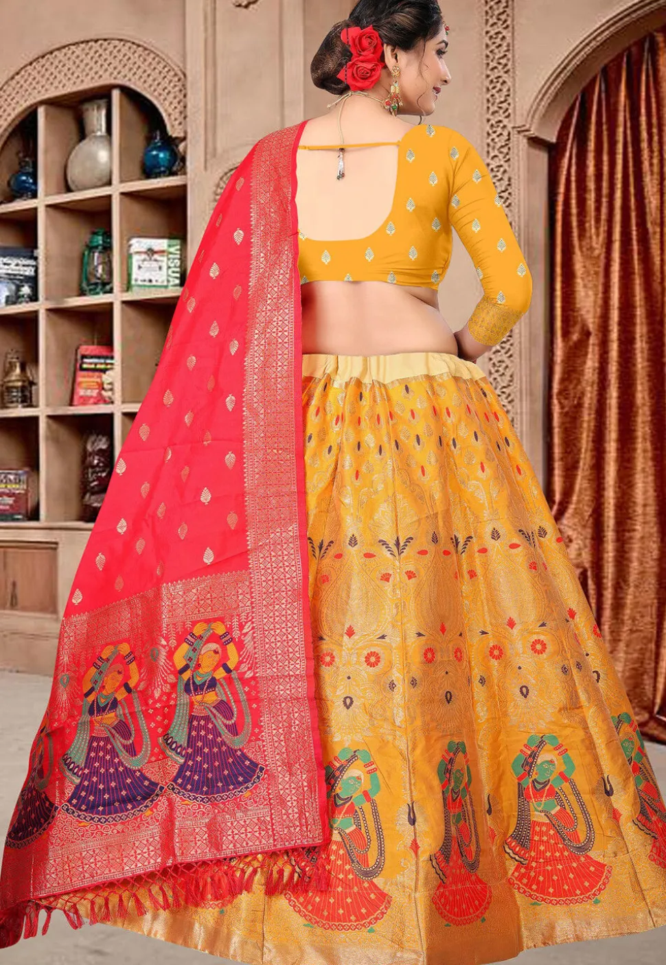 Woven Art Silk Lehenga in Mustard