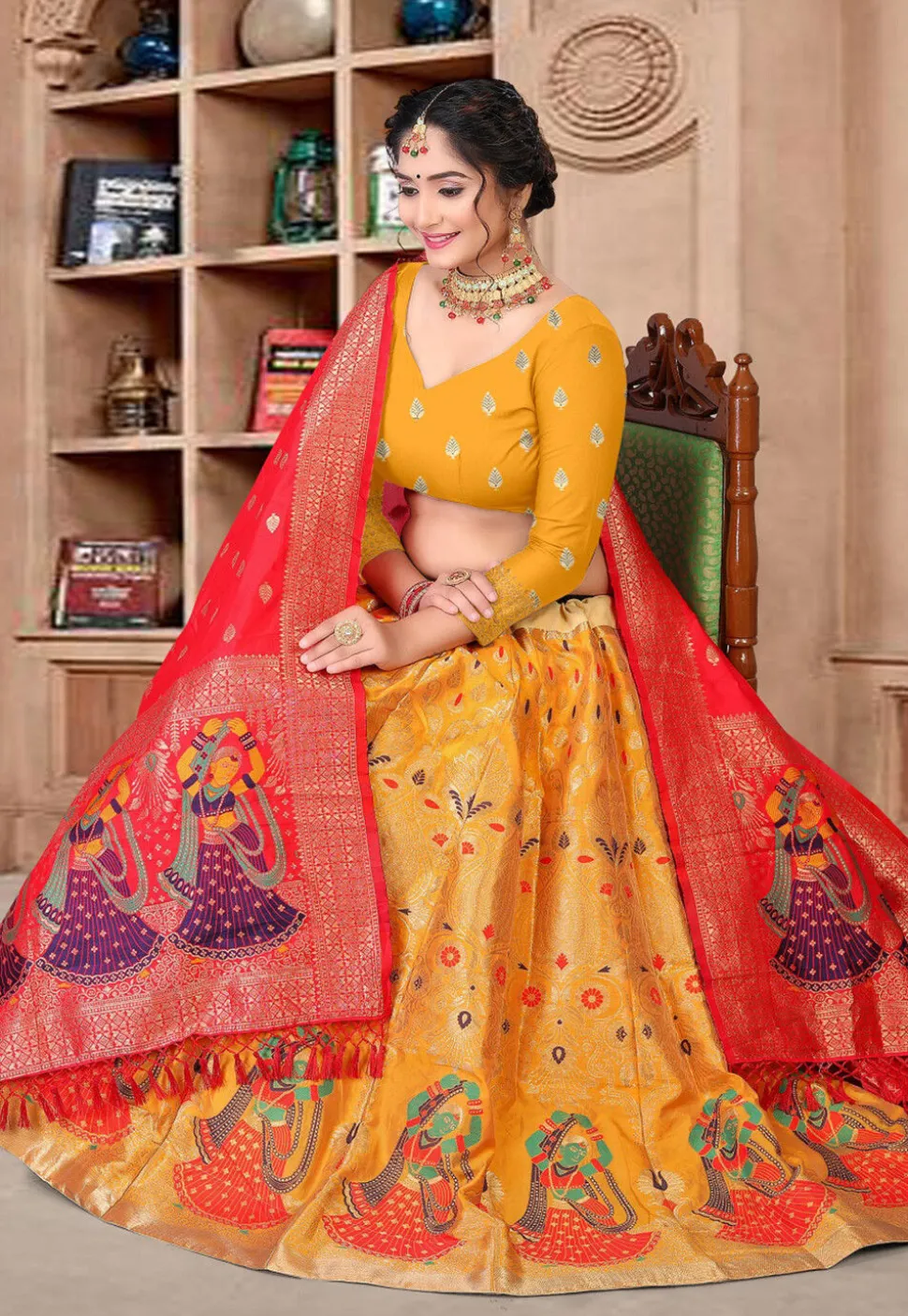 Woven Art Silk Lehenga in Mustard