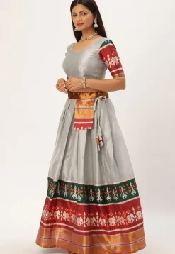 Woven Art Silk Lehenga in Grey