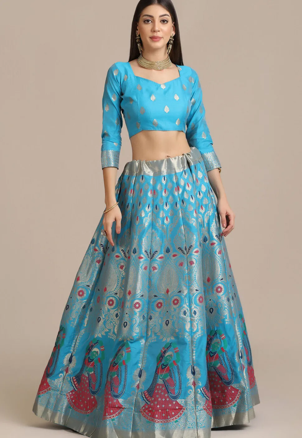 Woven Art Silk Lehenga in Sky Blue