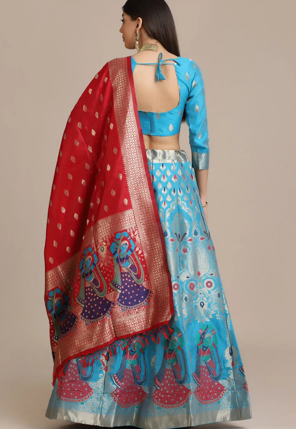 Woven Art Silk Lehenga in Sky Blue