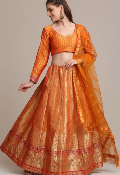 Woven Art Silk Lehenga in Orange