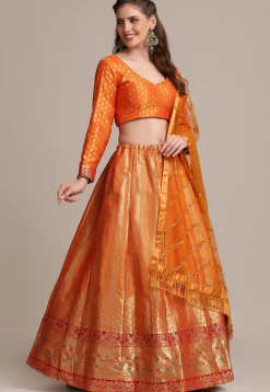 Woven Art Silk Lehenga in Orange