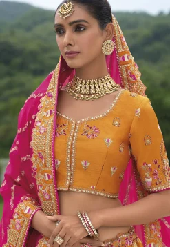Woven Art Silk Lehenga in Mustard and Pink