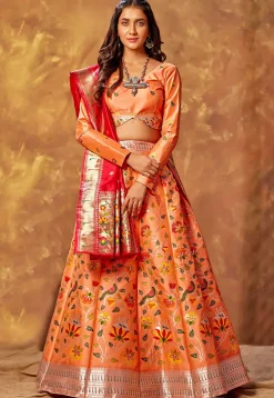 Woven Art Silk Lehenga in Peach