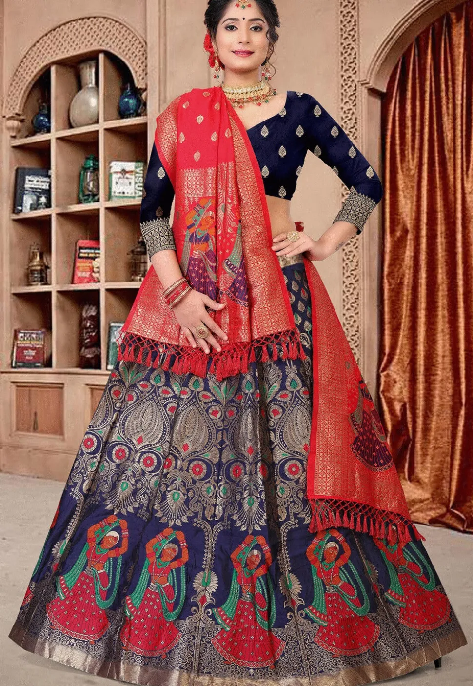 Woven Art Silk Lehenga in Navy Blue