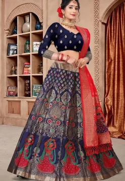 Woven Art Silk Lehenga in Navy Blue