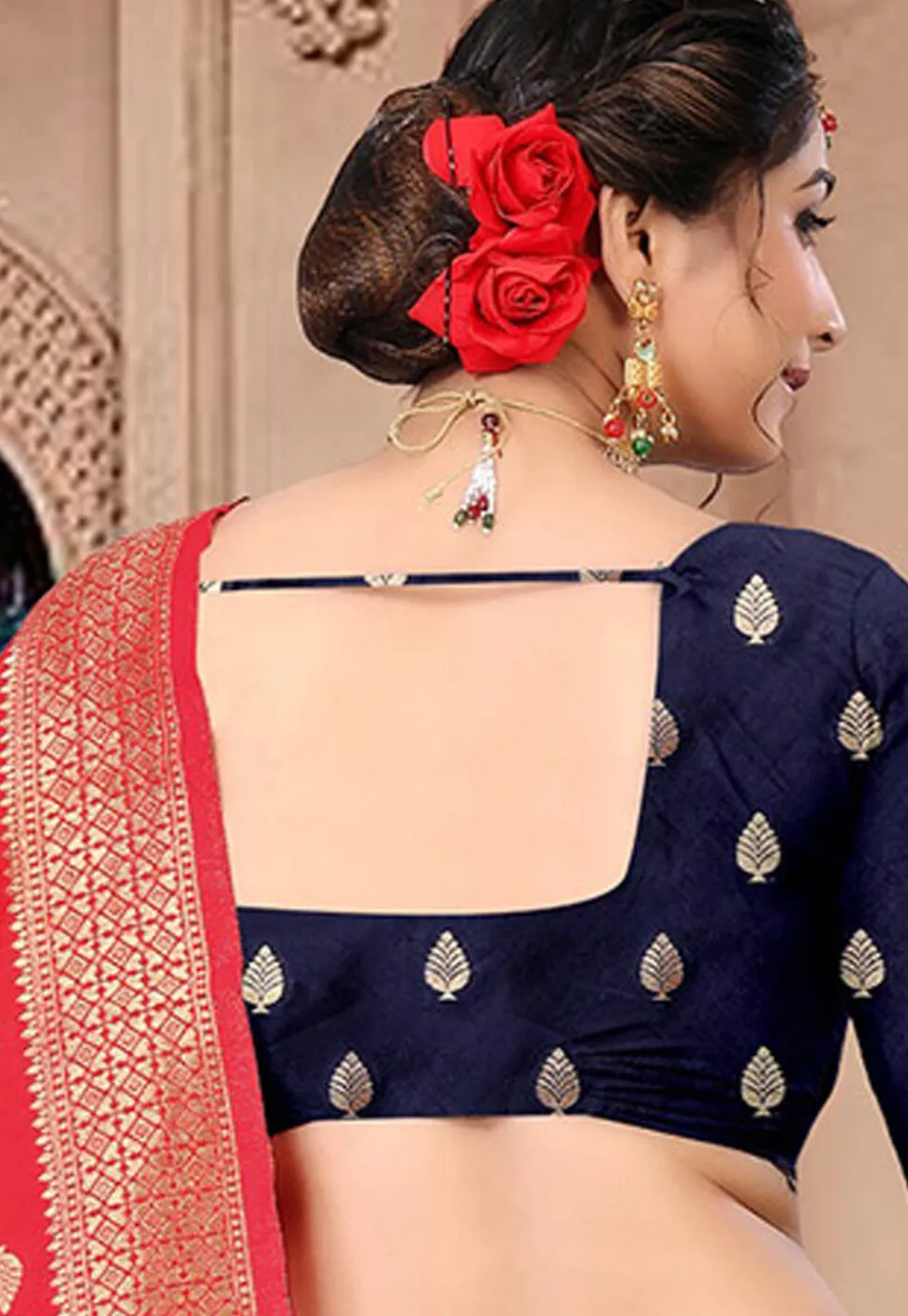 Woven Art Silk Lehenga in Navy Blue