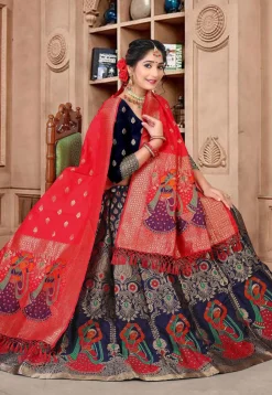 Woven Art Silk Lehenga in Navy Blue