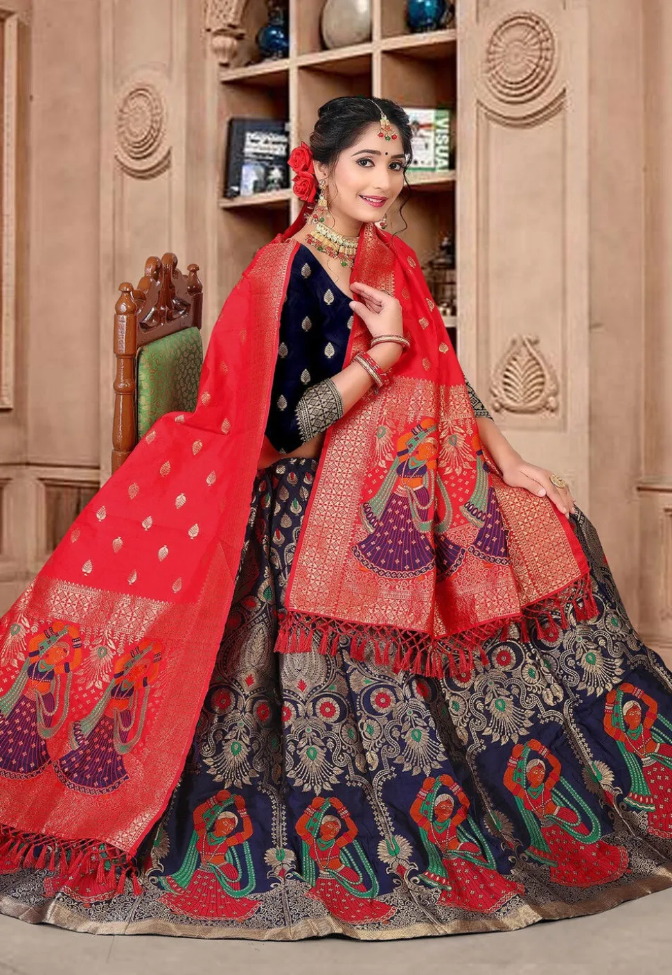 Woven Art Silk Lehenga in Navy Blue