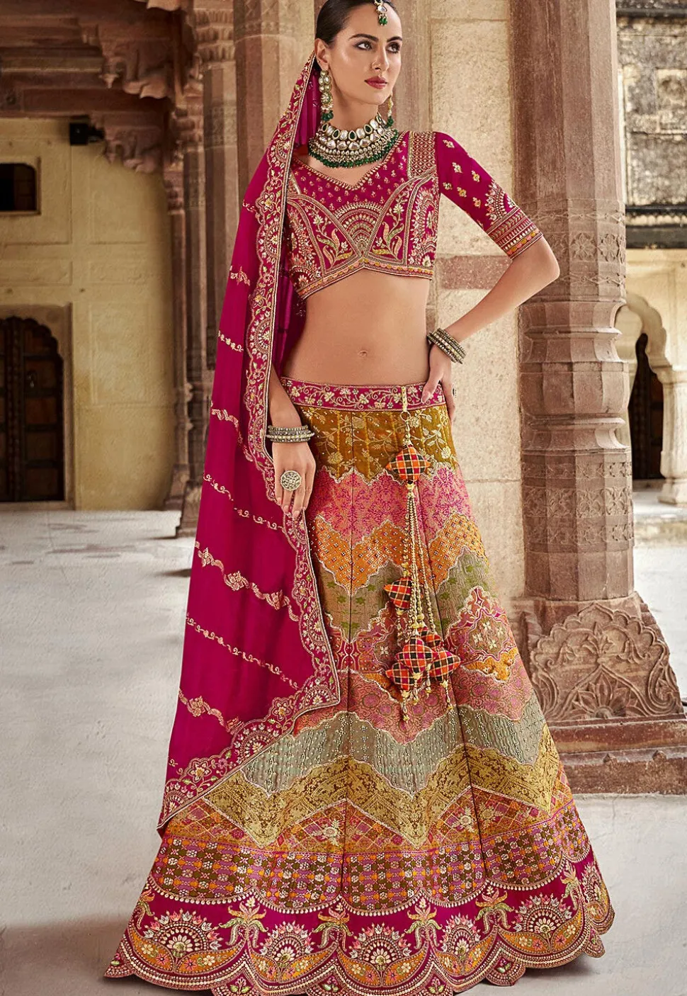 Woven Art Silk Lehenga in Multicolor