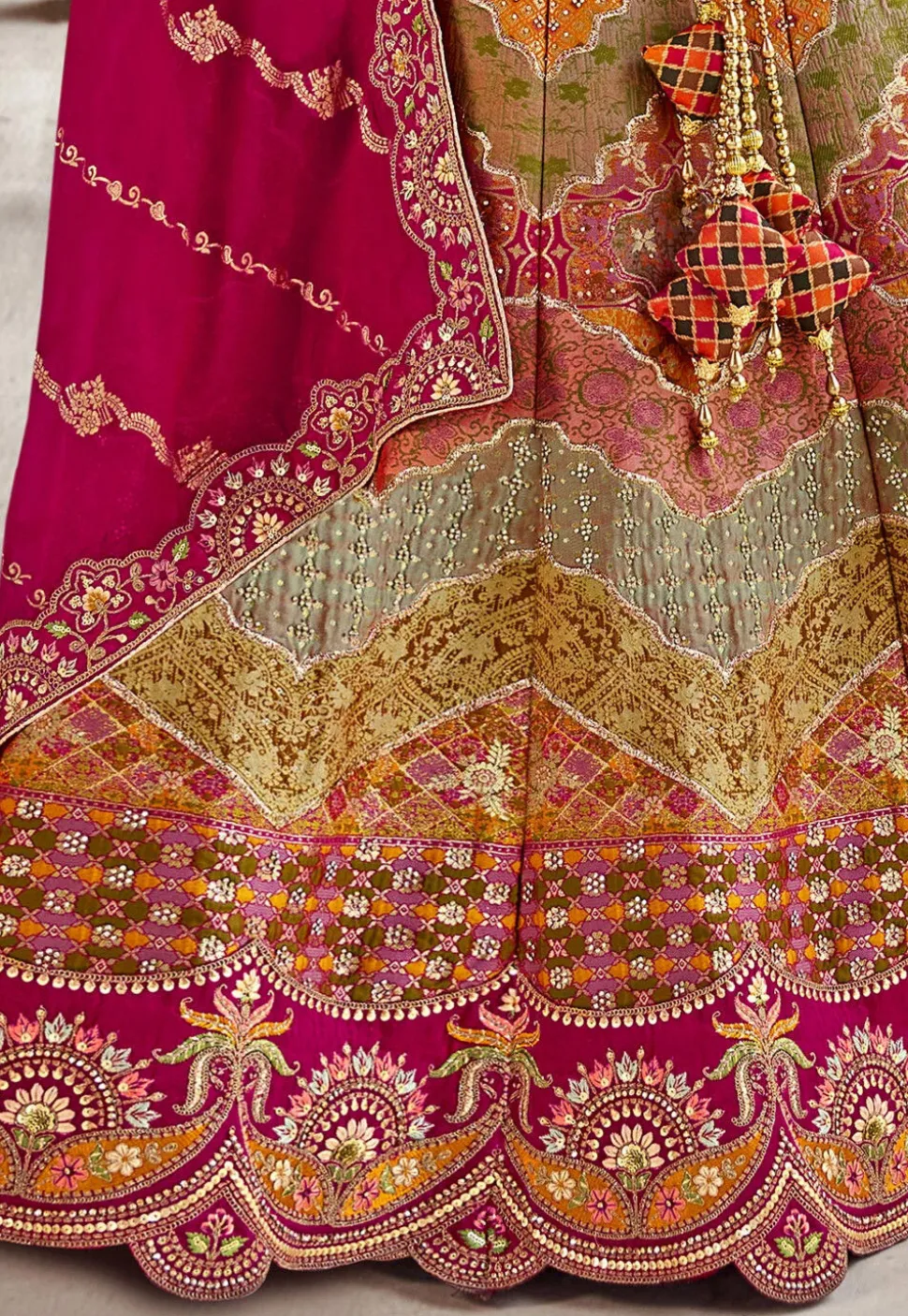 Woven Art Silk Lehenga in Multicolor