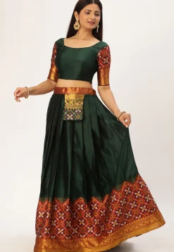 Woven Art Silk Lehenga in Dark Green
