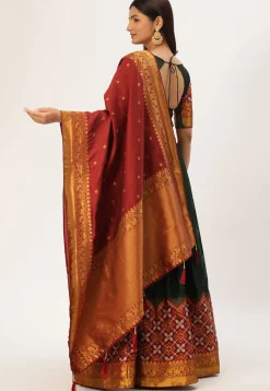 Woven Art Silk Lehenga in Dark Green