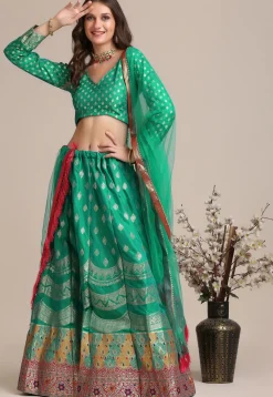 Woven Art Silk Lehenga in Sea Green