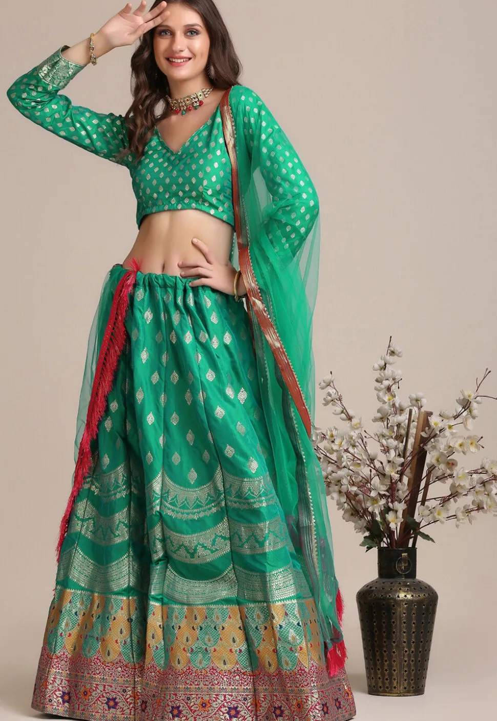 Woven Art Silk Lehenga in Sea Green
