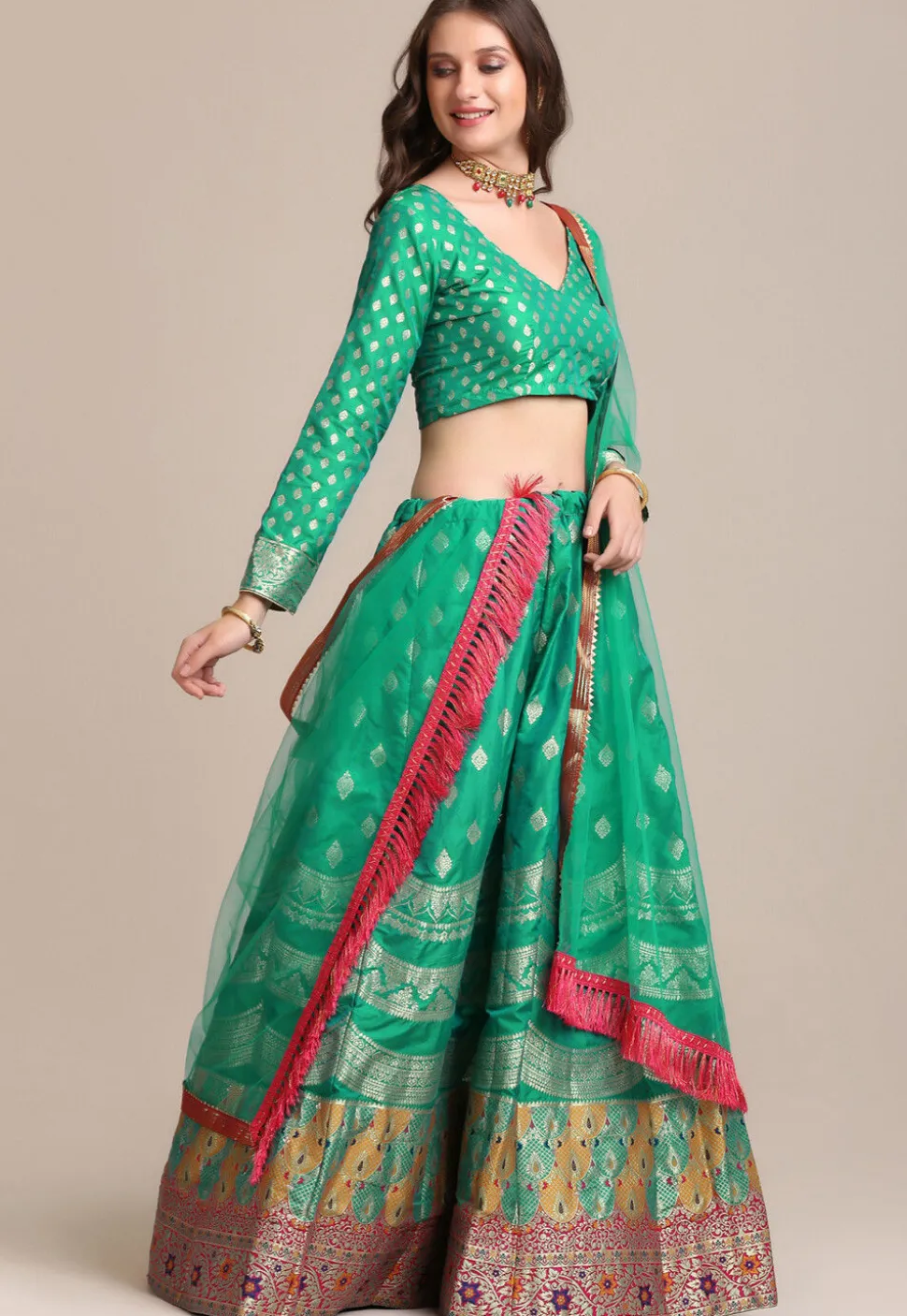 Woven Art Silk Lehenga in Sea Green