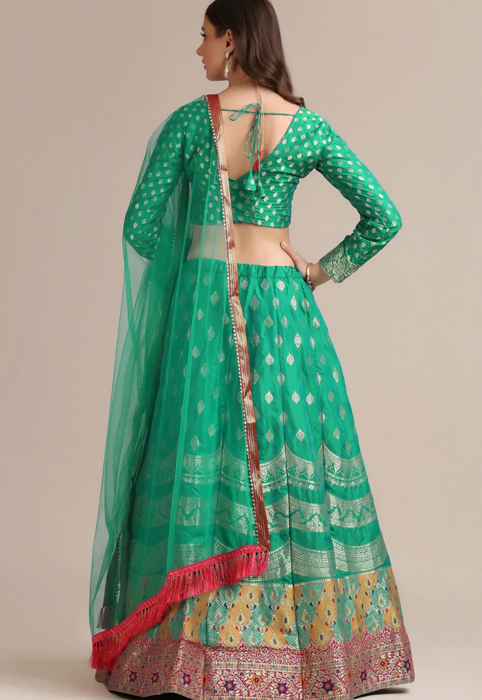 Woven Art Silk Lehenga in Sea Green