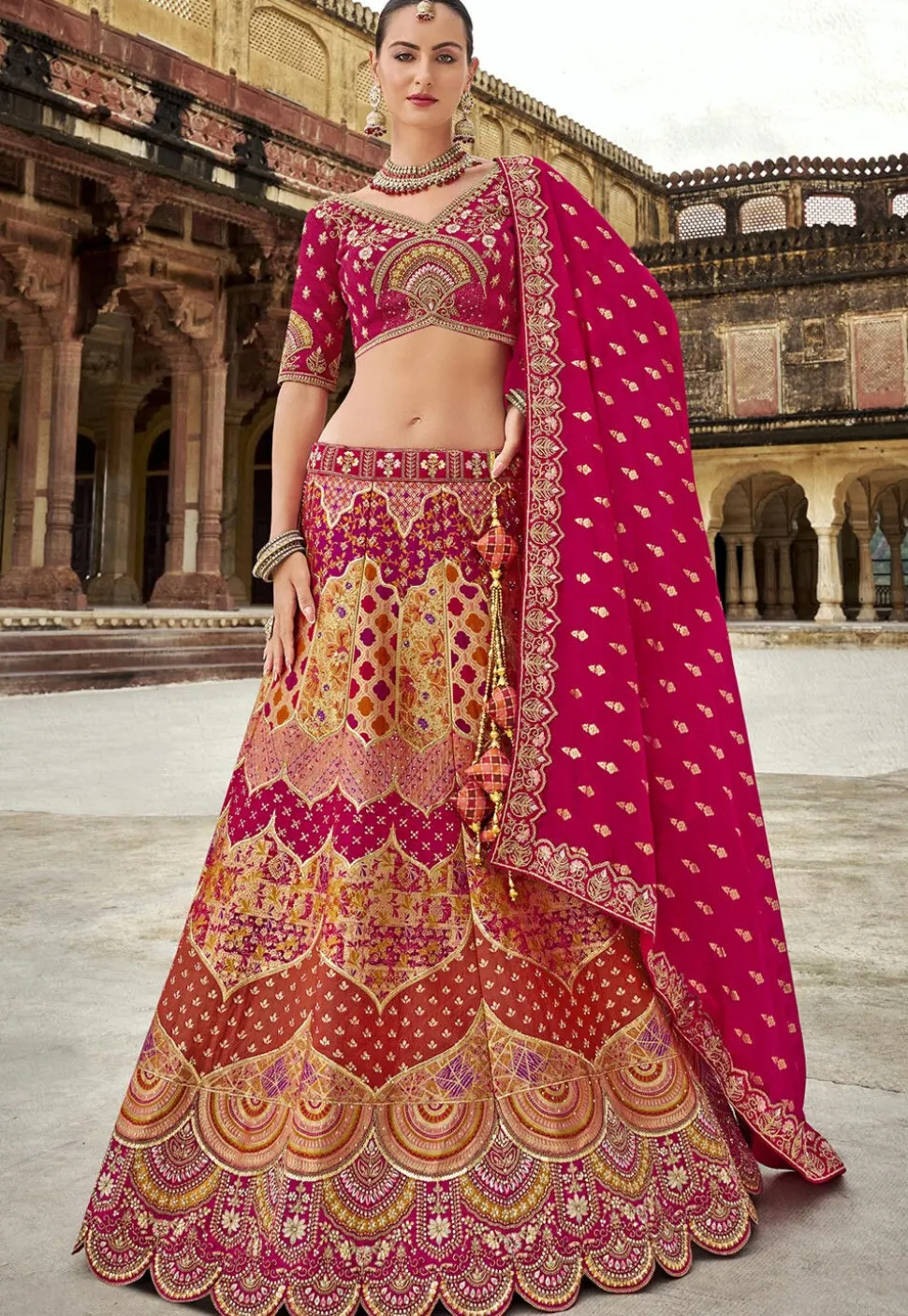 Woven Art Silk Lehenga in Multicolor