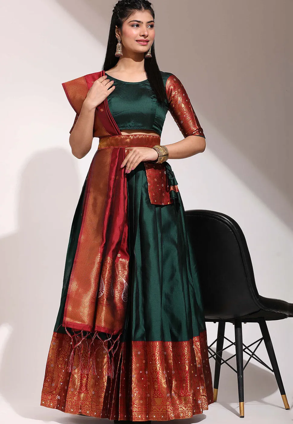 Woven Art Silk Lehenga in Dark Green