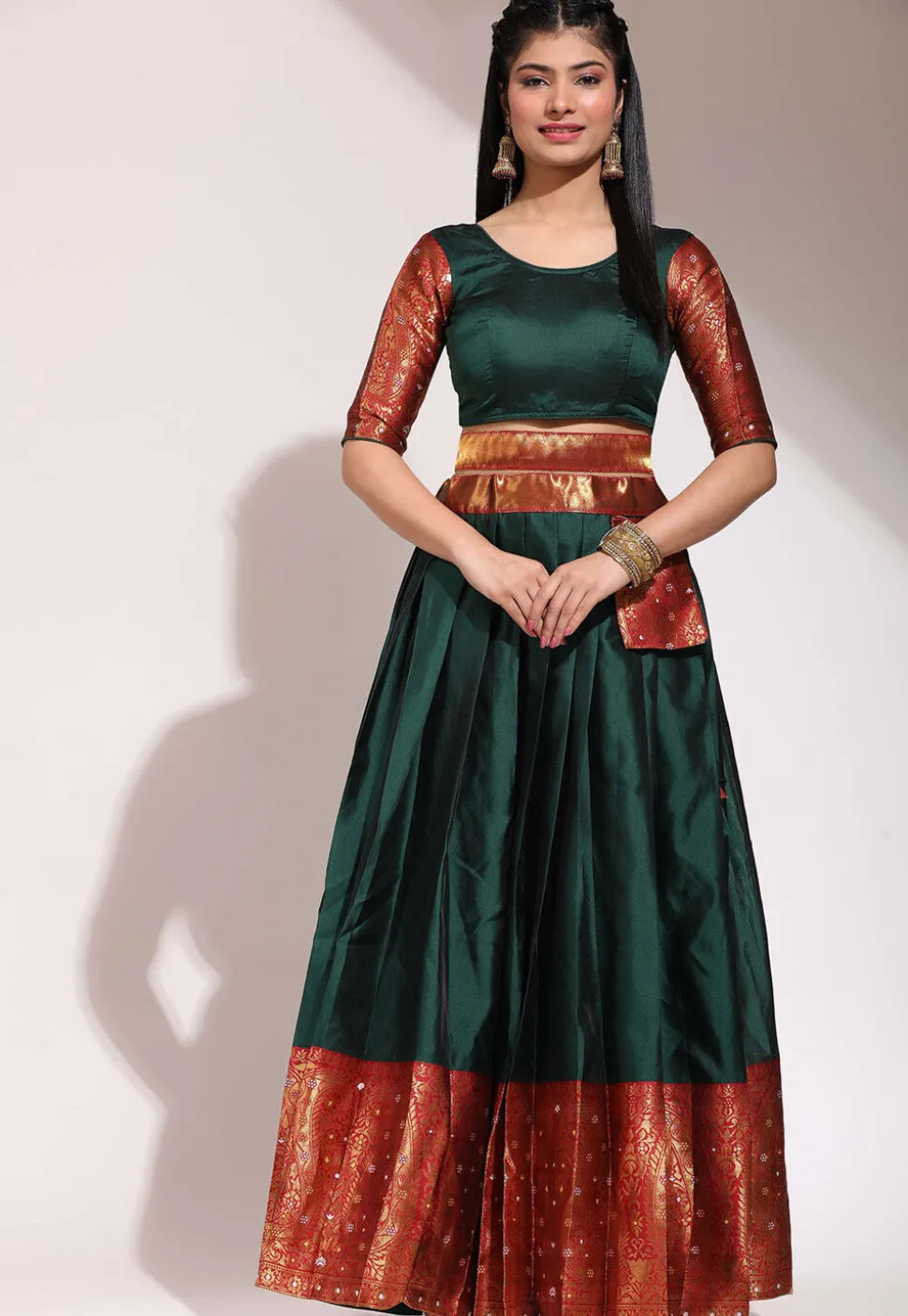 Woven Art Silk Lehenga in Dark Green