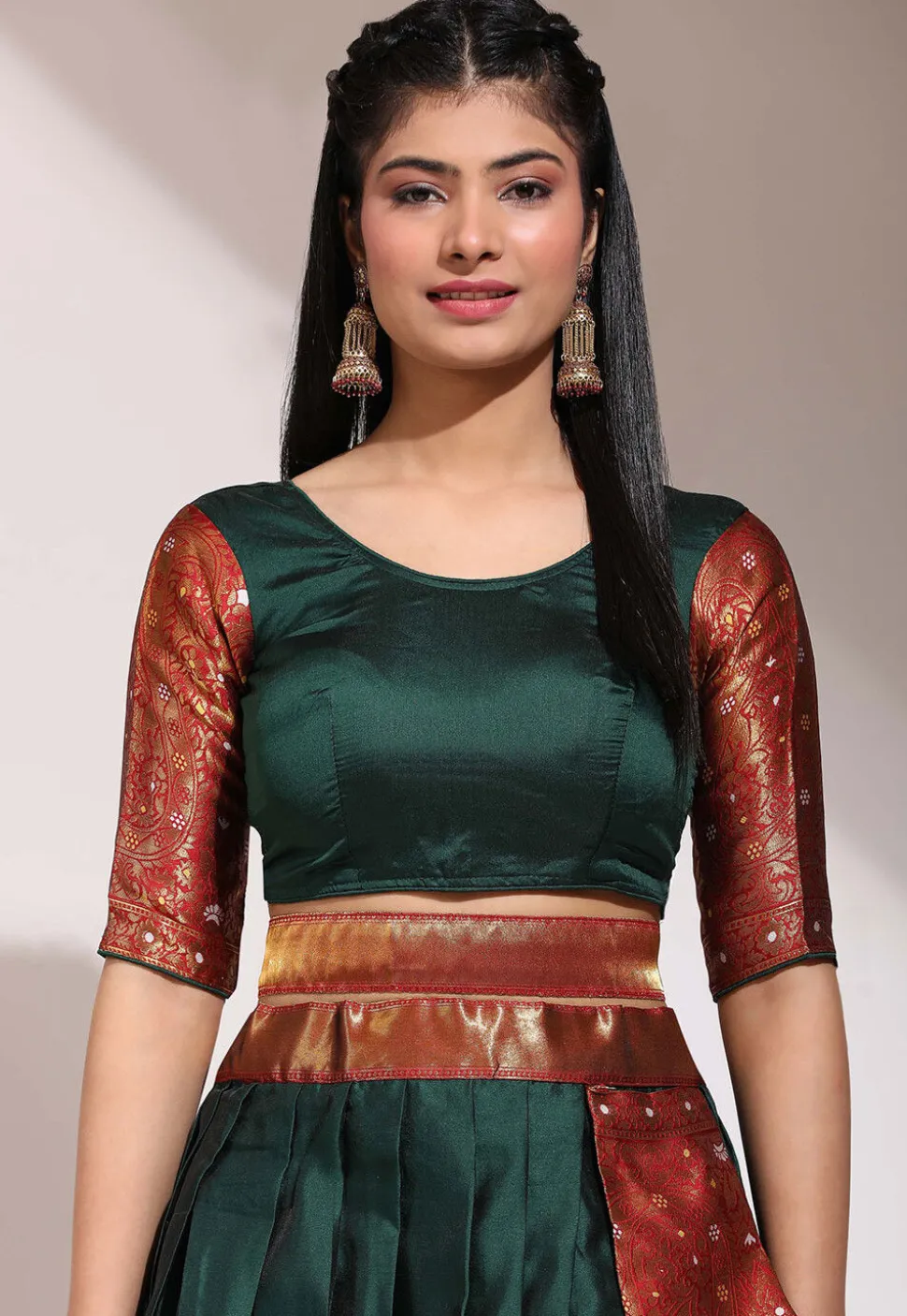 Woven Art Silk Lehenga in Dark Green