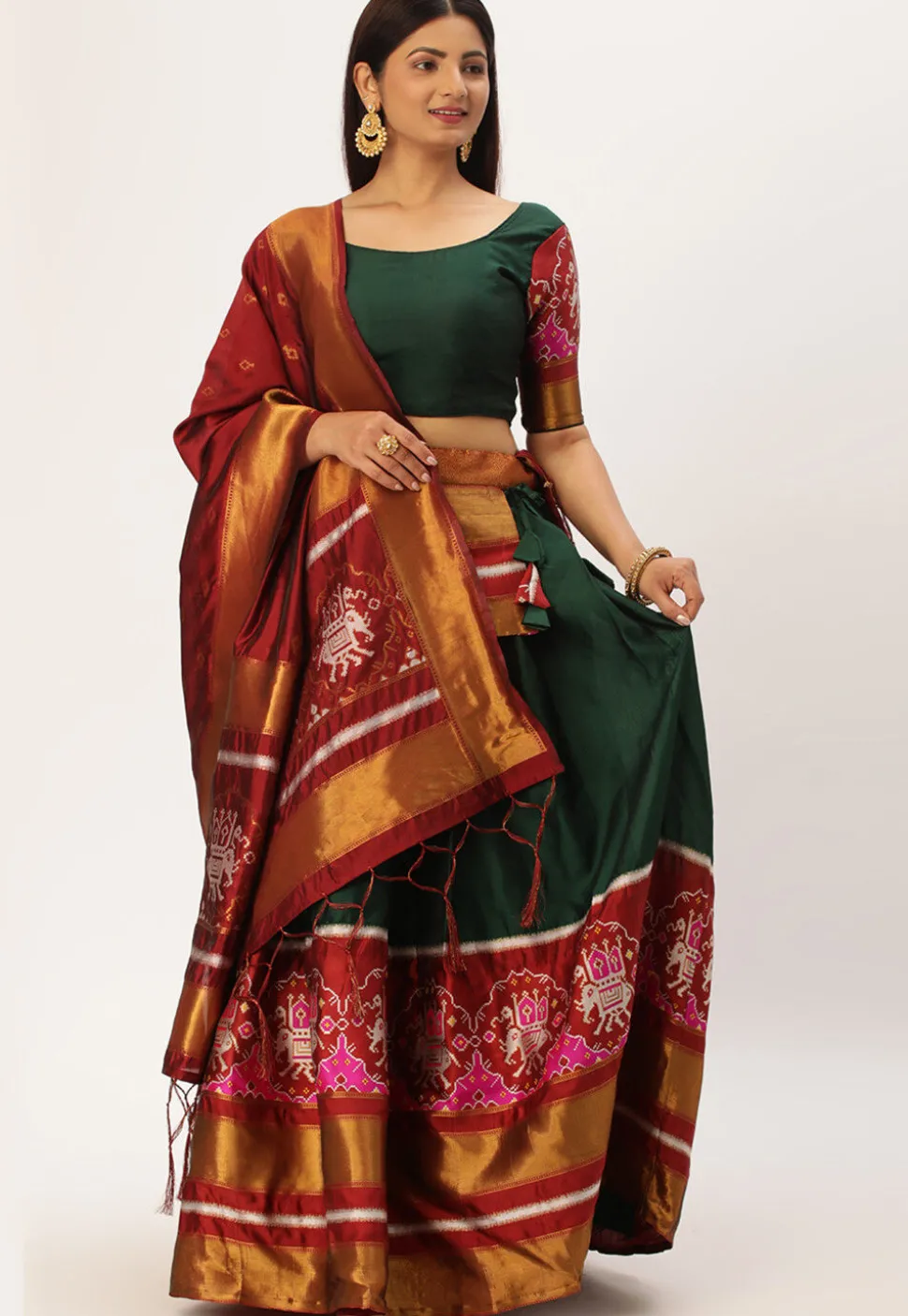 Woven Art Silk Lehenga in Dark Green
