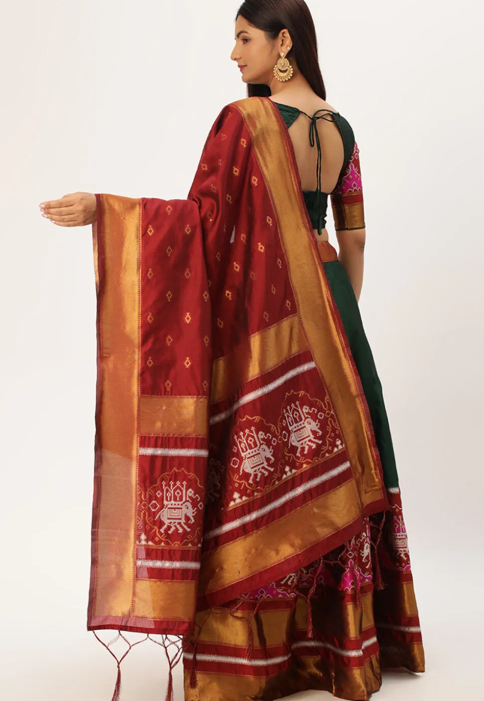 Woven Art Silk Lehenga in Dark Green