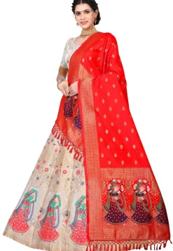 Woven Art Silk Lehenga in Off White