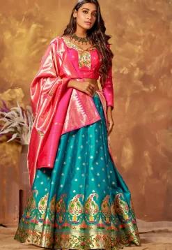 Woven Art Silk Lehenga in Teal Blue