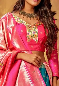 Woven Art Silk Lehenga in Teal Blue